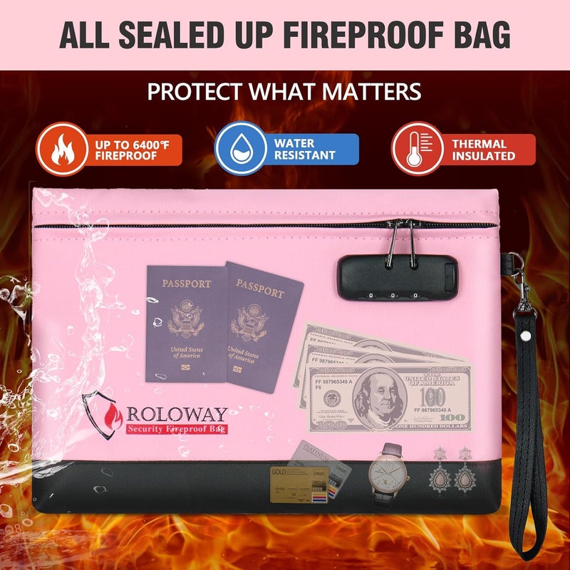 ROLOWAY Fireproof Money Bag with Lock for Cash, 6400°F Fire Proof Document Bag (12.2 x 8.5 x 1.6 inches), Money Pouch with Zipper (Pink) - Image 3